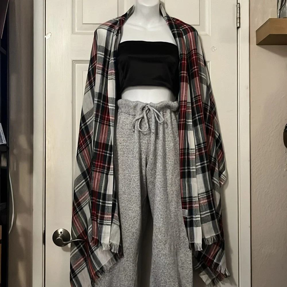 Naturally Knotty Red Black White & Blue Tartan Plaid Scarf Shawl Coverup